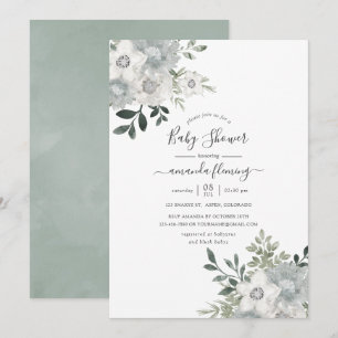 Invitation Aquarelle Baby shower floral argent Sage
