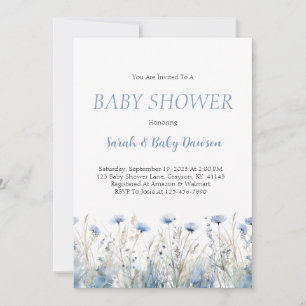 Invitation Aquarelle Baby shower floral bleu foncé