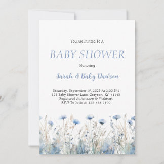 Invitation Aquarelle Baby shower floral bleu foncé