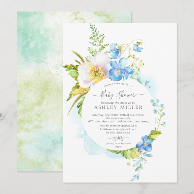 Invitation Aquarelle Baby shower floral délicat (Devant / Derrière)