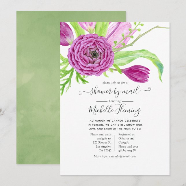 Invitation Aquarelle Baby shower floral par courrier (Devant / Derrière)