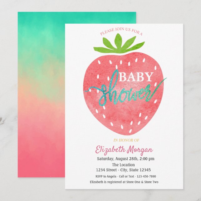 Invitation Aquarelle Baby shower fraise (Devant / Derrière)