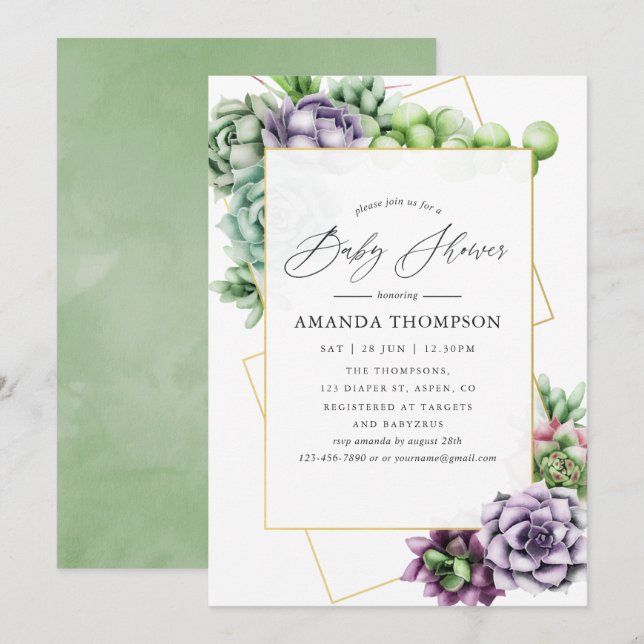 Invitation Aquarelle Baby shower géométrique Succulent (Devant / Derrière)
