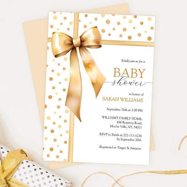 Invitation Aquarelle Baby shower Gold Bow (Créateur téléchargé)