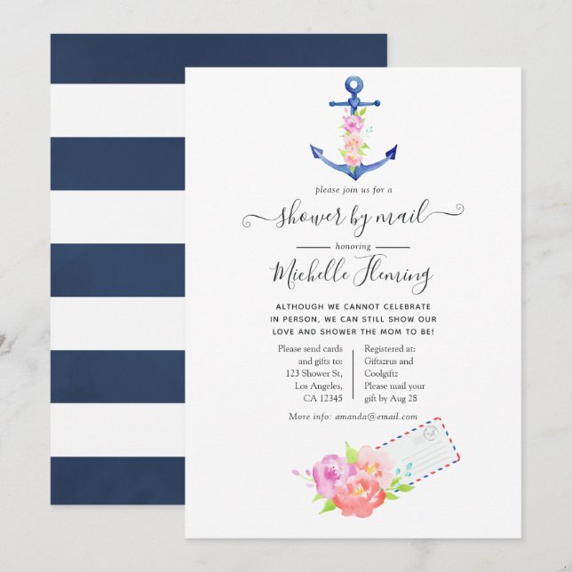Invitation Aquarelle Baby shower nautique par courrier (Devant / Derrière)