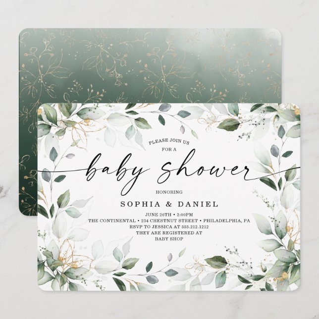Invitation Aquarelle Baby shower or verdure (Devant / Derrière)