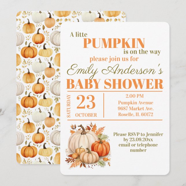 Invitation Aquarelle Baby shower orange petit Citrouille (Devant / Derrière)