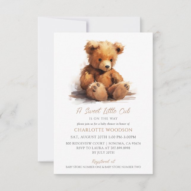 Invitation Aquarelle Baby shower Ours en Teddy (Devant)