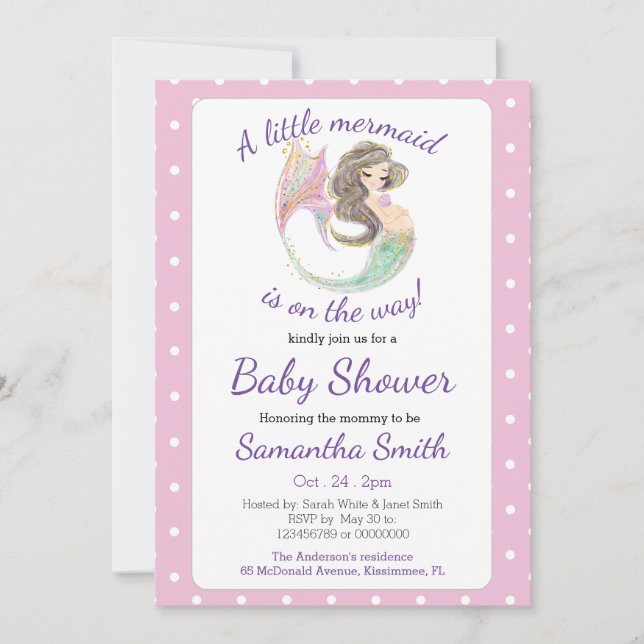 Invitation Aquarelle Baby shower Petite Sirène (Devant)