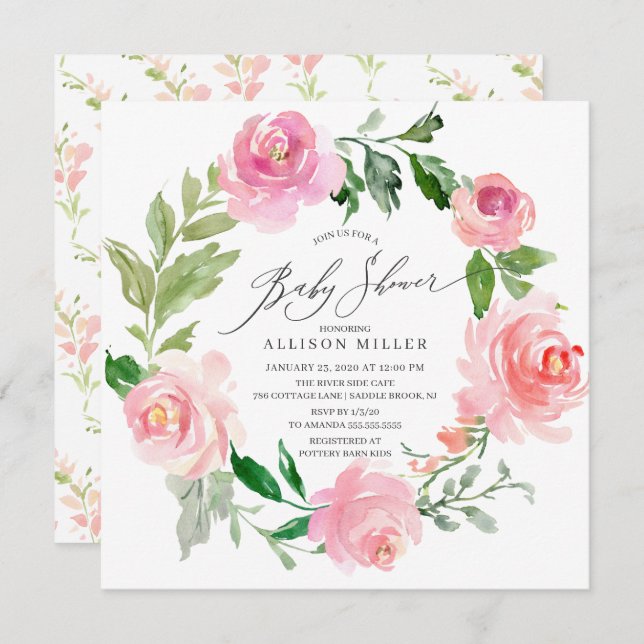 Invitation Aquarelle Baby shower rose (Devant / Derrière)