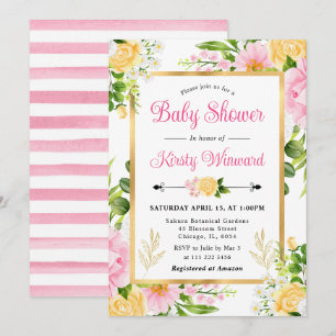 Invitation Aquarelle Baby shower rose et jaune Fleurs