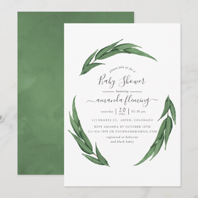 Invitation Aquarelle Baby shower verdoyant (Devant / Derrière)