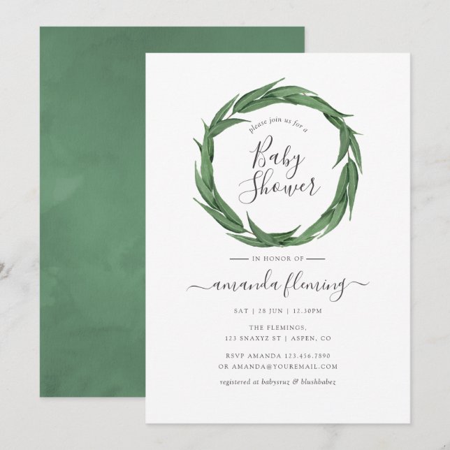 Invitation Aquarelle Baby shower verdoyant (Devant / Derrière)