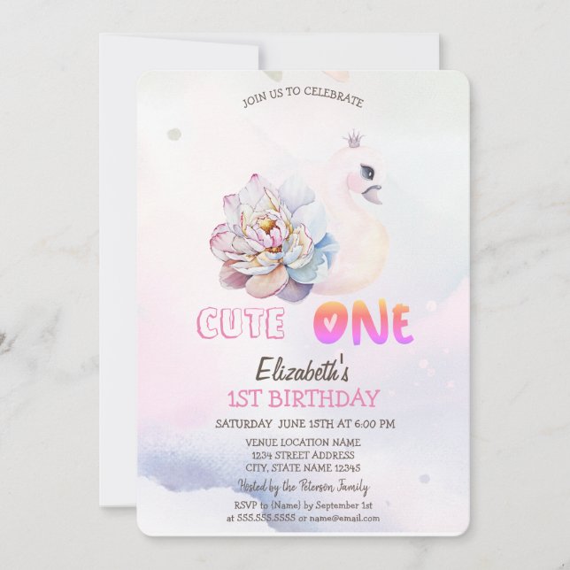 Invitation Aquarelle Baby Swan Flower 1er (Devant)
