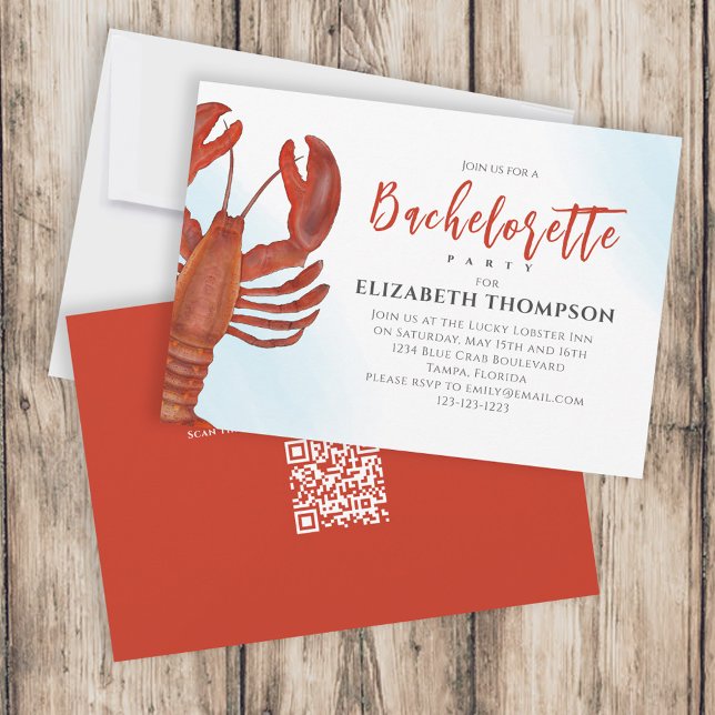 Invitation Aquarelle Bachelorette Party Rouge Homard QR Code (Créateur téléchargé)