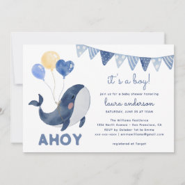 Invitation Aquarelle Baleines Ahoy c'est un Baby shower garço