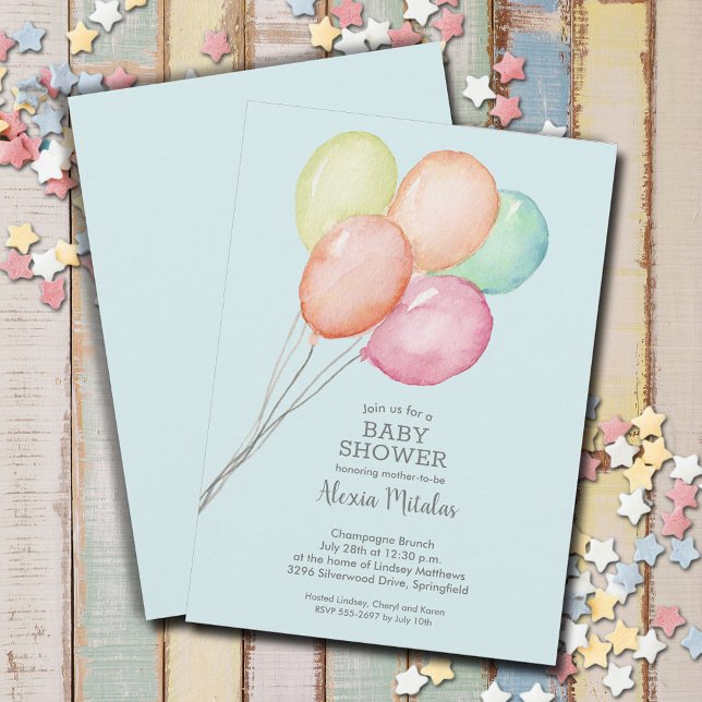 Invitation Aquarelle Ballons Baby shower bleu (Watercolor balloons boy baby shower invitations, PRINTED and/or INSTANT DOWNLOAD)