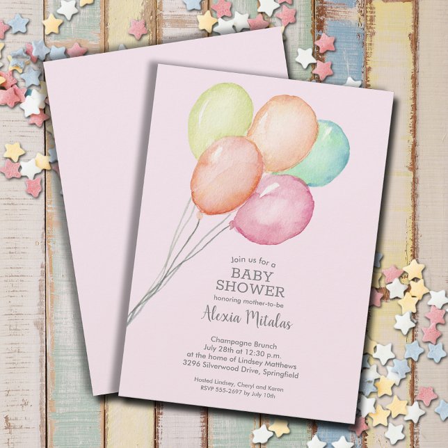 Invitation Aquarelle Ballons Baby shower fille (Watercolor balloons girl baby shower invitations, PRINTED and/or INSTANT DOWNLOAD)