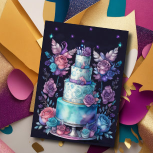 Invitation Aquarelle Ballons d'anniversaire gâteau Marine Ble
