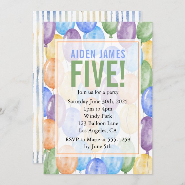 Invitation Aquarelle Ballons Garçon Anniversaire (Devant / Derrière)