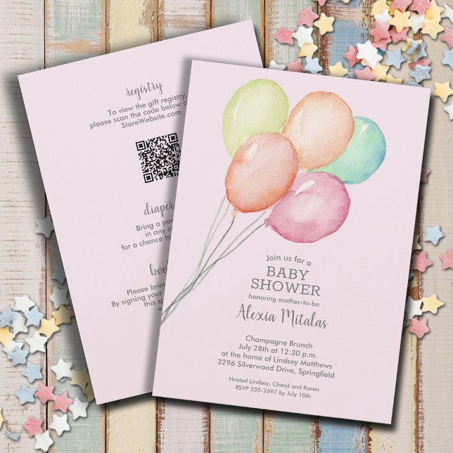 Invitation Aquarelle Ballons rose Bébé tout en une douche (Watercolor balloons girl baby shower all in one invitations, PRINTED and/or INSTANT DOWNLOAD)