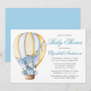 Invitation Aquarelle Balloon Eléphant Baby shower Bleu Bow