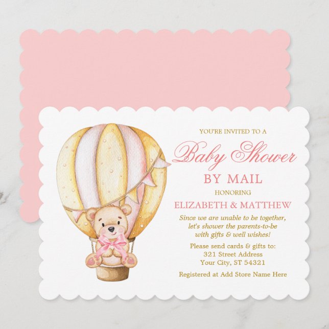 Invitation Aquarelle Balloon Ours Rose Or Douche par la poste (Devant / Derrière)