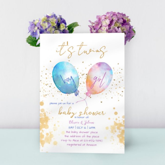 Invitation Aquarelle Balloon rose Bleu Baby shower jumeau (Créateur téléchargé)