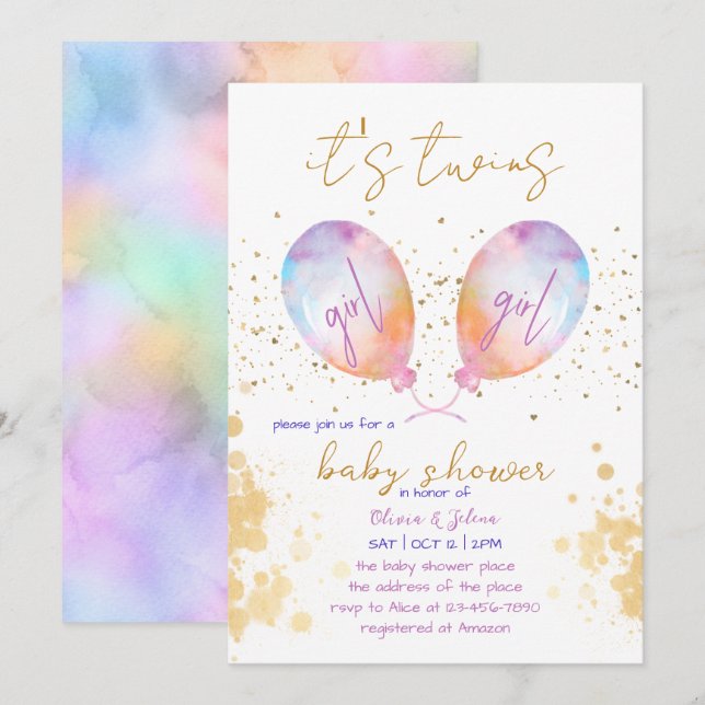 Invitation Aquarelle Balloon rose Twin Girl Baby shower (Devant / Derrière)
