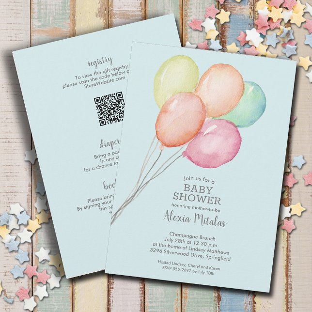 Invitation Aquarelle Balloons Garçon Bébé Tout en une douche (Watercolor balloons boy baby shower all in one invitations, PRINTED and/or INSTANT DOWNLOAD)
