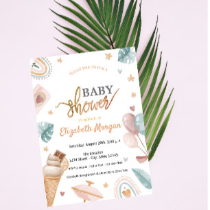 Invitation Aquarelle Balloons Rainbow Baby shower crème glacé