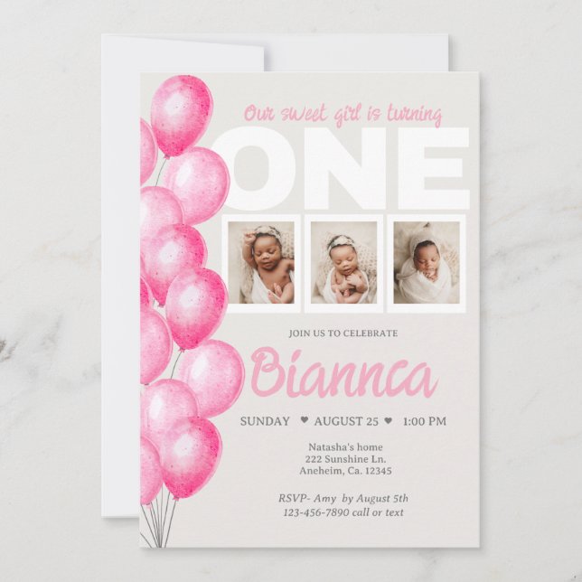 Invitation Aquarelle Ballotte rose photo premier anniversaire (Devant)