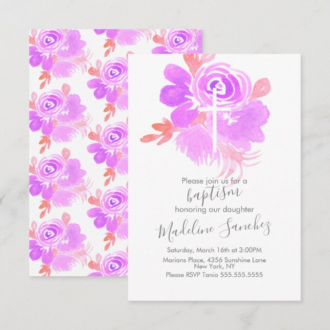 Invitation Aquarelle Baptême Floral Purple Bébé Dédication (Devant / Derrière)