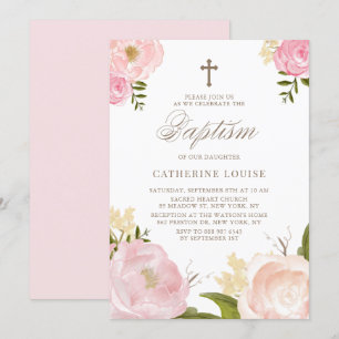 Invitation Aquarelle Baptême floral rose pâle
