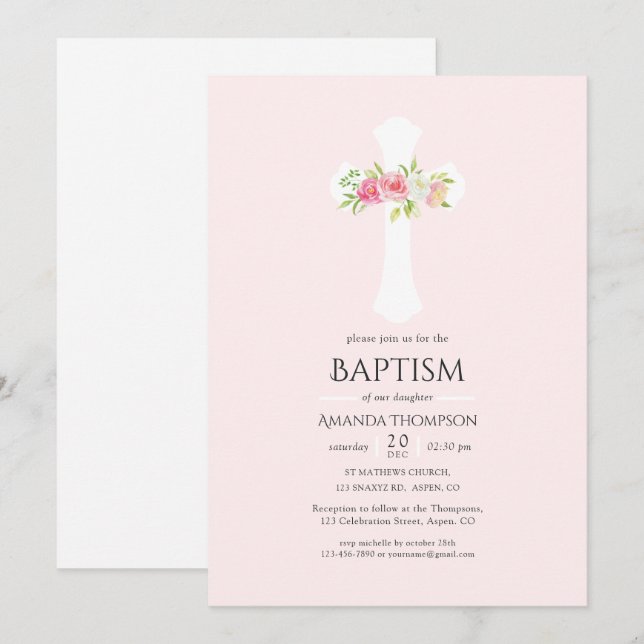 Invitation Aquarelle Baptême ou baptême Floral (Devant / Derrière)