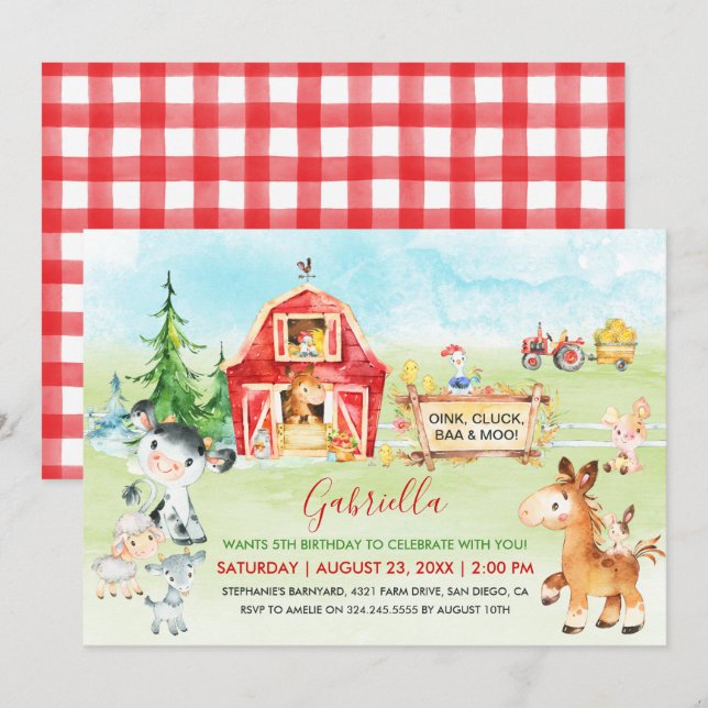 Invitation Aquarelle Barnyard et animaux de ferme Anniversair (Devant / Derrière)