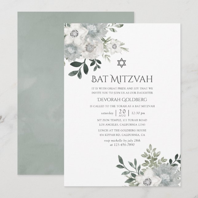 Invitation Aquarelle Bat mitzvah floral argent Sage (Devant / Derrière)