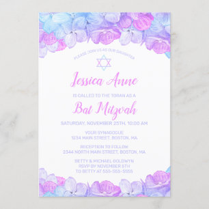 Invitation Aquarelle Bat mitzvah Floral Pink Blue Hydrangea