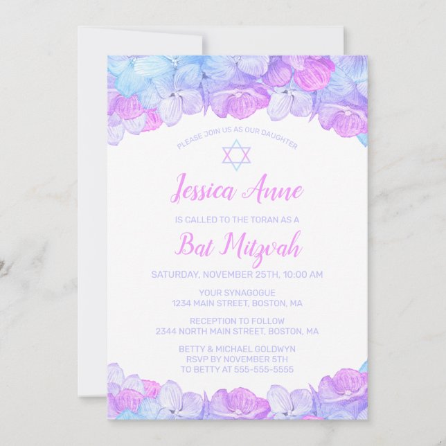 Invitation Aquarelle bat mitzvah Floral rose bleu Hydrangea (Devant)