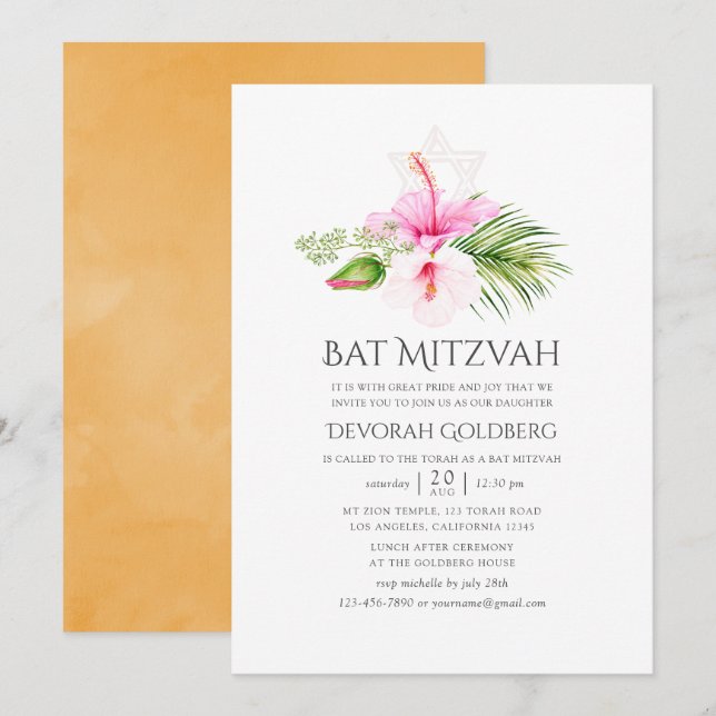 Invitation Aquarelle Bat mitzvah floral tropical (Devant / Derrière)