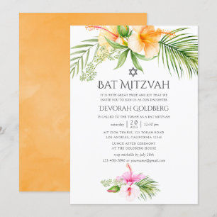 Invitation Aquarelle Bat mitzvah floral tropical