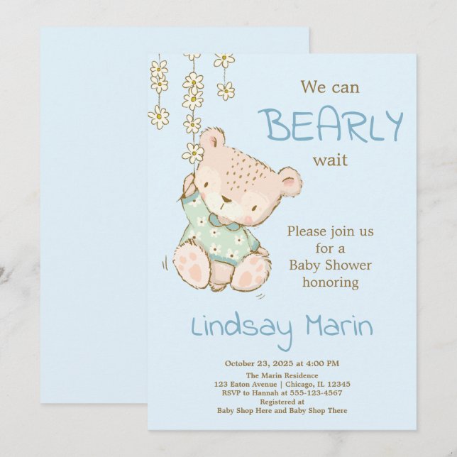 Invitation Aquarelle Bearly Wait Teddy Bear Garland Invitati (Devant / Derrière)