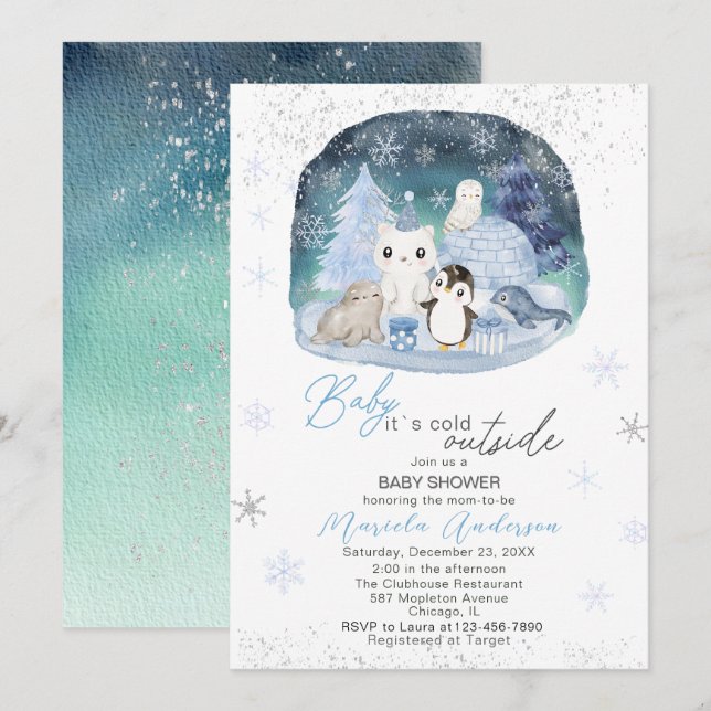 Invitation Aquarelle Bébé arctique son froid extérieur Baby s (Devant / Derrière)