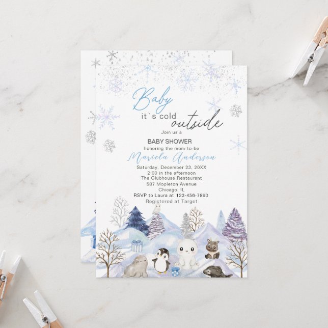 Invitation Aquarelle Bébé arctique son froid extérieur Baby s (Devant/Arrière en situation)