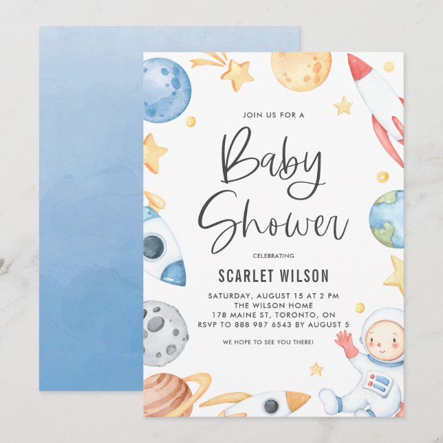 Invitation Aquarelle Bébé Astronaut Espace Baby shower à thèm (Devant / Derrière)