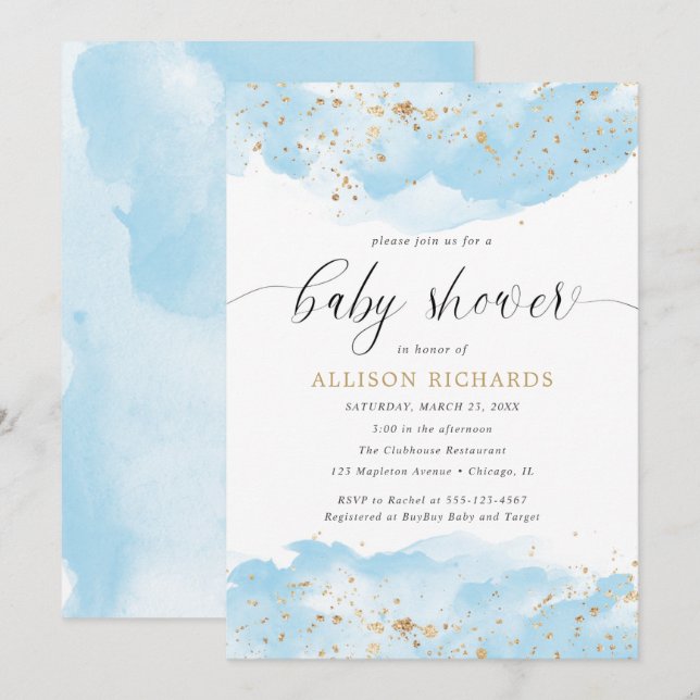 Invitation Aquarelle bébé bleu blanc or garçon baby shower (Devant / Derrière)