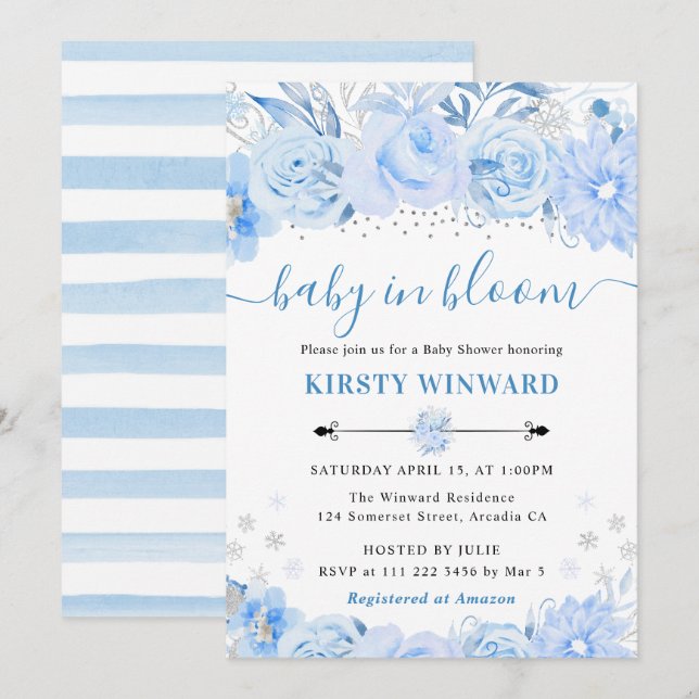 Invitation Aquarelle Bébé Bleu Fleurs d'hiver Baby shower (Devant / Derrière)