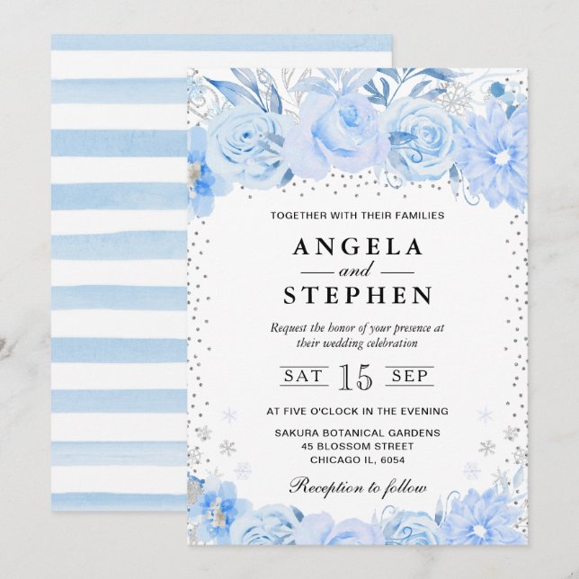 Invitation Aquarelle Bébé bleu Fleurs d'hiver Mariage (Devant / Derrière)