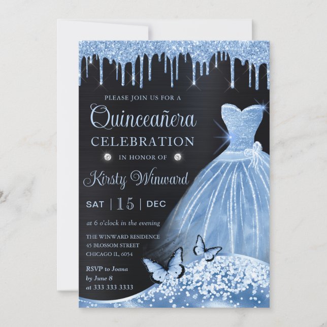 Invitation Aquarelle Bébé Bleu Parties scintillant robe Quinc (Devant)