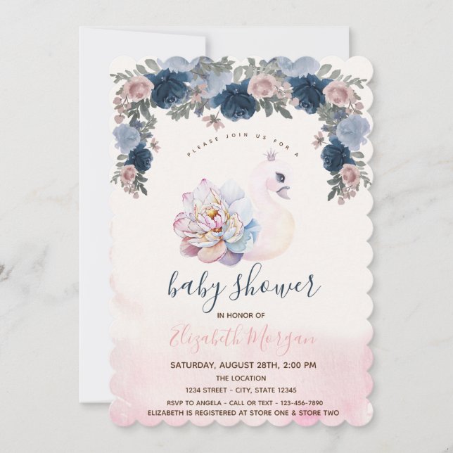 Invitation Aquarelle Bébé Cygne Floral Baby shower rose (Devant)